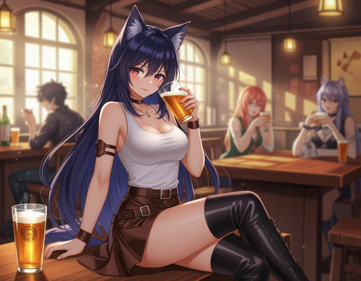 Kitsune Cat Girl Enjoys Tavern in 3D Anime Style