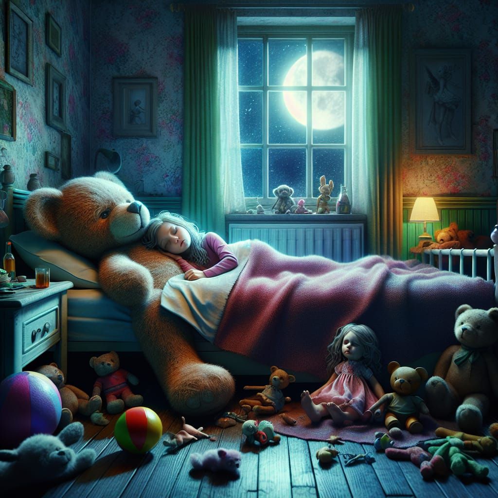 Tired Girl and Teddy Bear in Moonlight