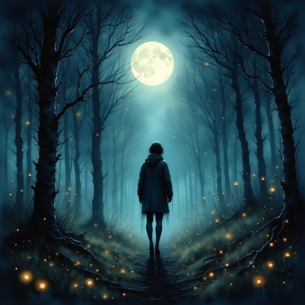 Serene Figure in Moonlit Forest, Embodied Long-Term Aspirati...