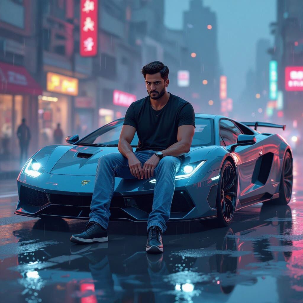 Boy on Sports Car in Futuristic Digital Art Style