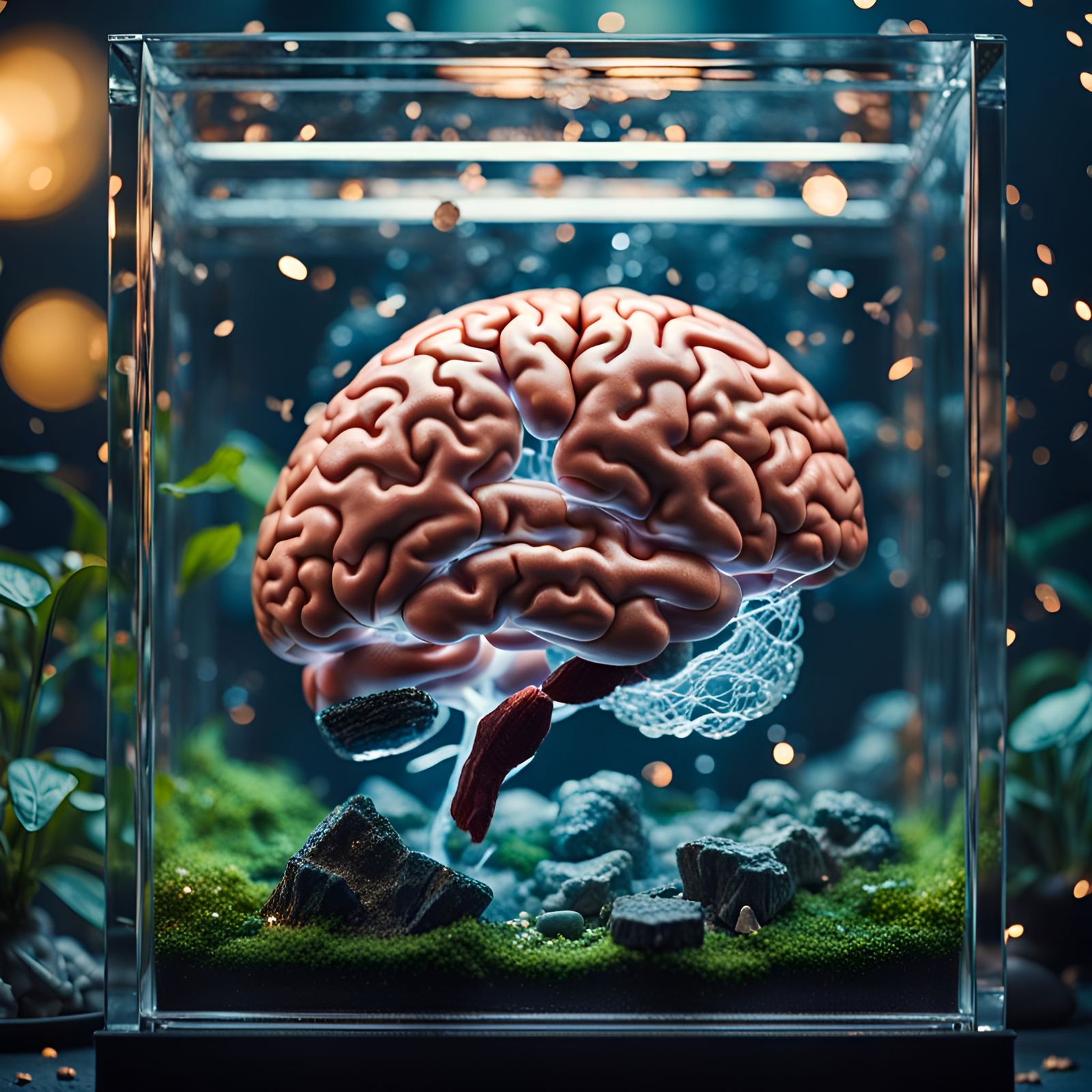 Brain in Terrarium: Detailed Maximalist Film Still