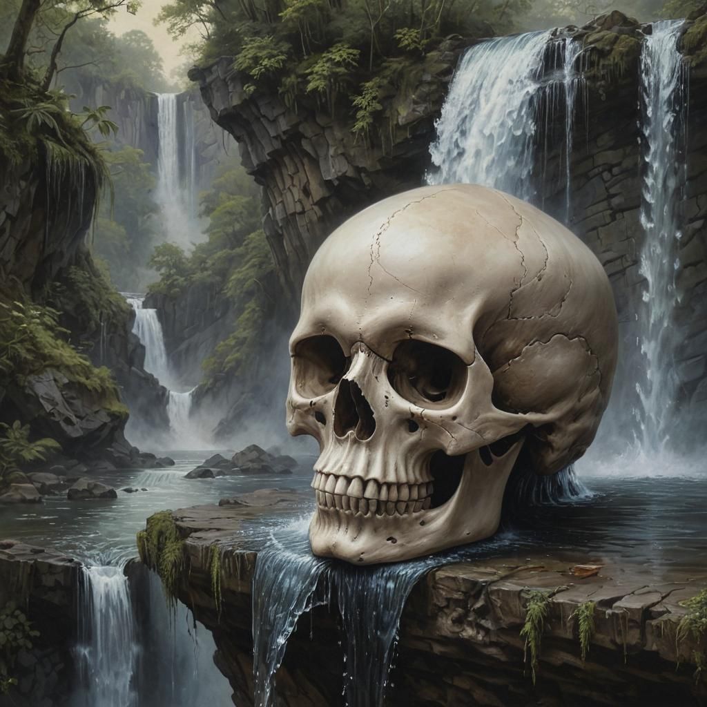 a painting of a skull with a waterfall in the background, an airbrush painting by David Martin, cgsociety, gothic art, a...