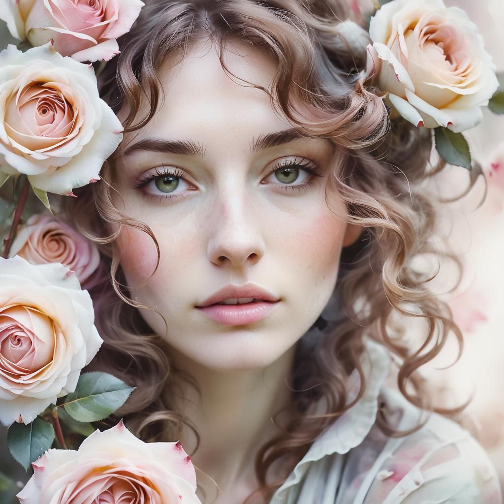 Romantic Portrait with Watercolor Roses in Soft Focus