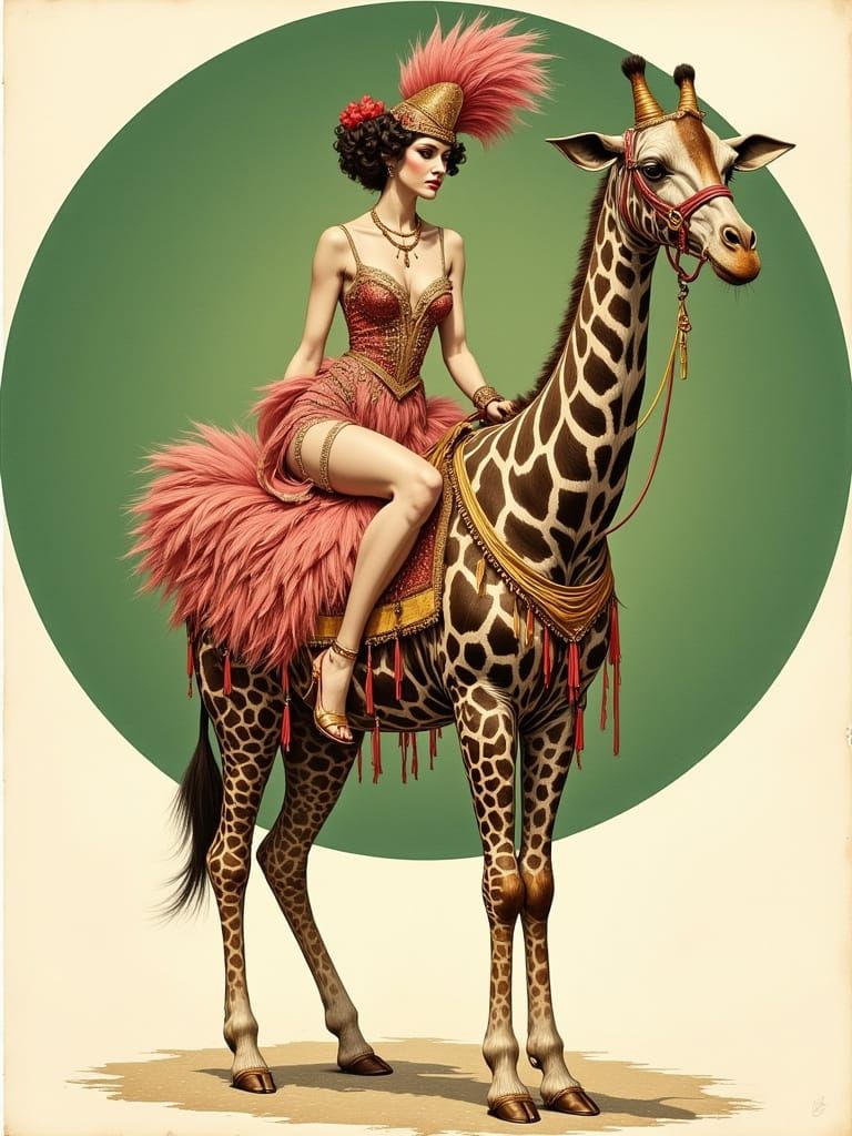 Glamorous Woman Rides Giraffe in Vintage Illustration Style