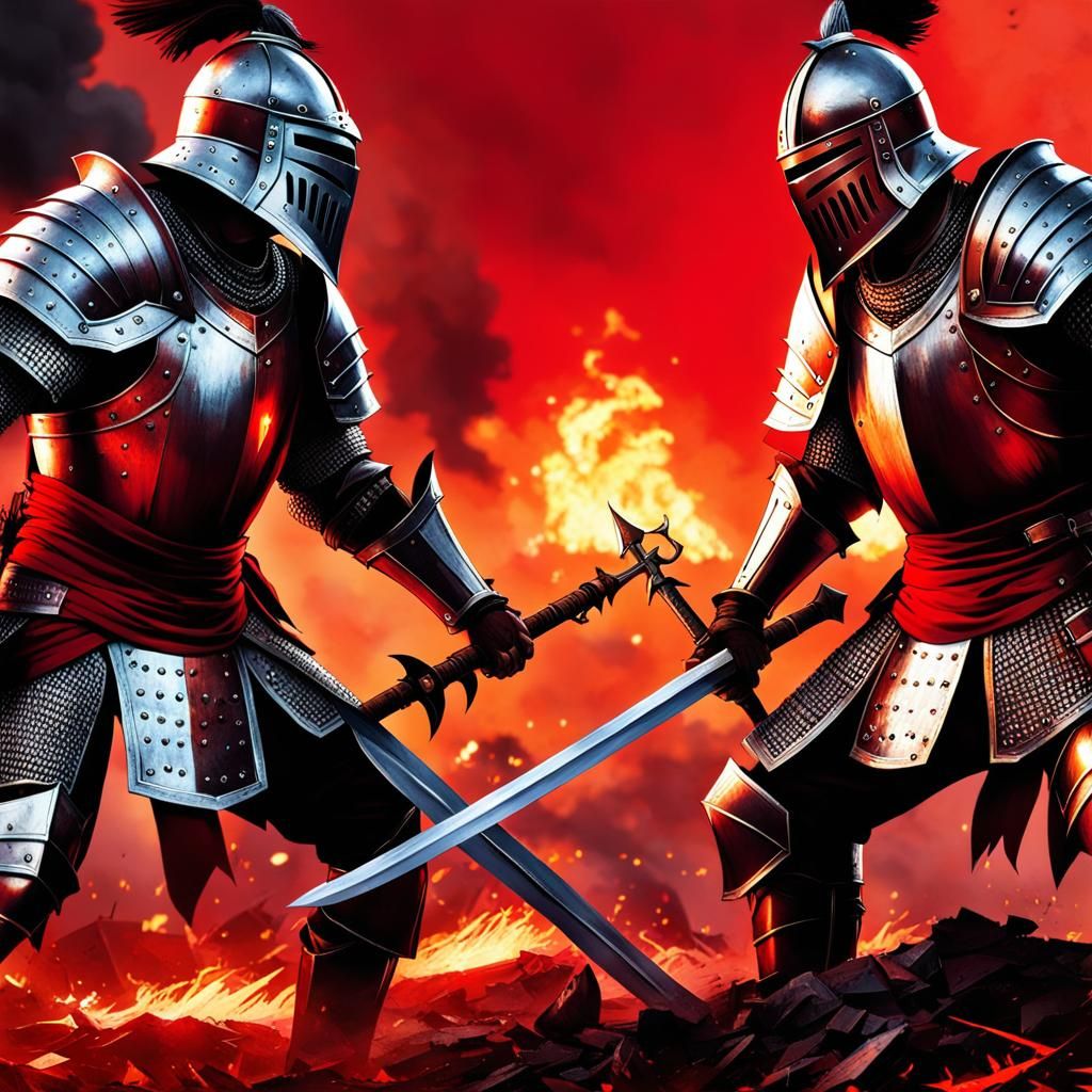Knights Clash in Fiery Battlefield Showdown