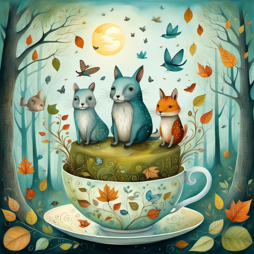 Animals in Teacup: Whimsical Forest Illustration
