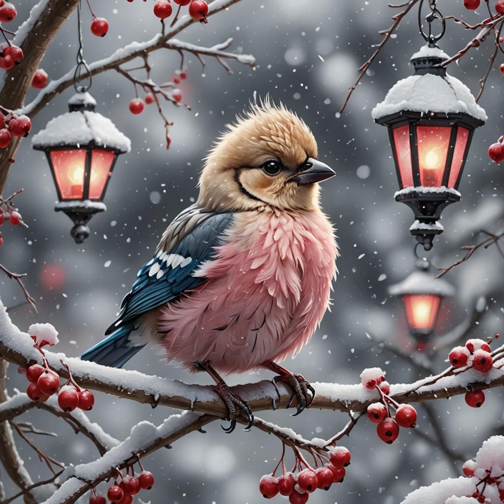 " a large pink super cute fluffy jay chick sitting on a branch with red berries, with gently falling snow, near a snow-c...