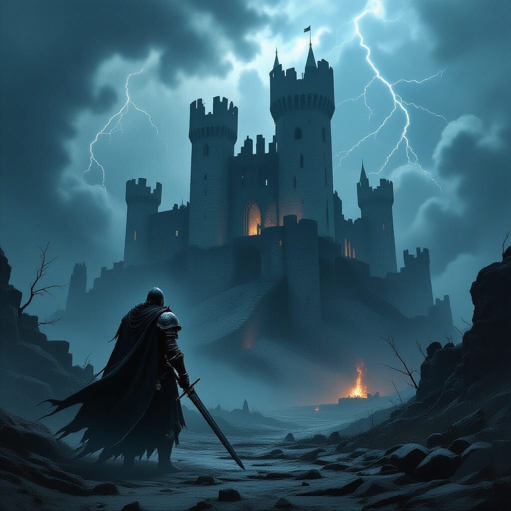 Knight Silhouetted Against Ruined Castle in Dark Fantasy Sty...