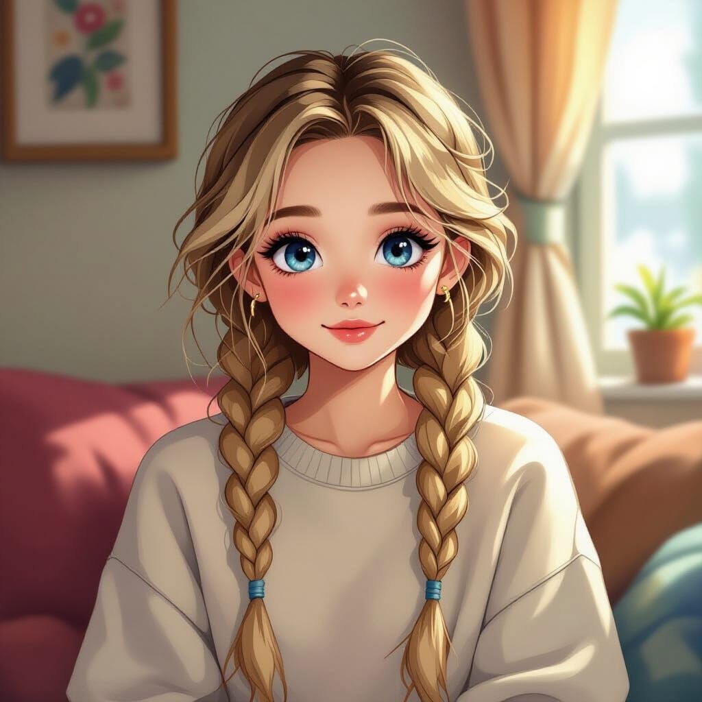 Blonde Girl with Braids in Anime Style