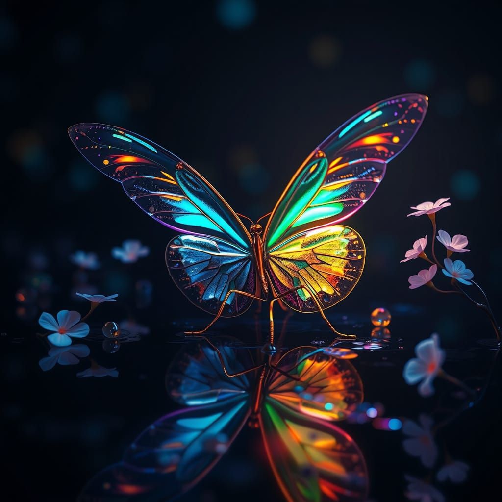 Iridescent Butterfly in a Dreamy Nighttime Scene