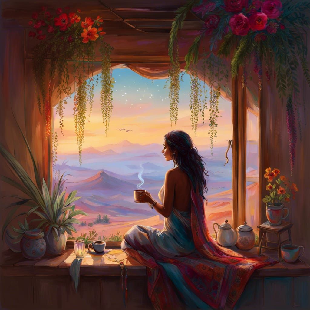 Sahara Window at Dawn with Coffee, CG Society Style