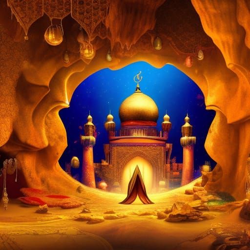Cave of Wonders with Genie Lamp and Magic Carpet
