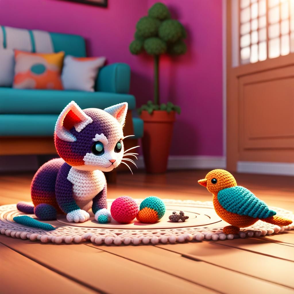 Crocheted Kitten Finds Colorful Bird, 3D Digital Art