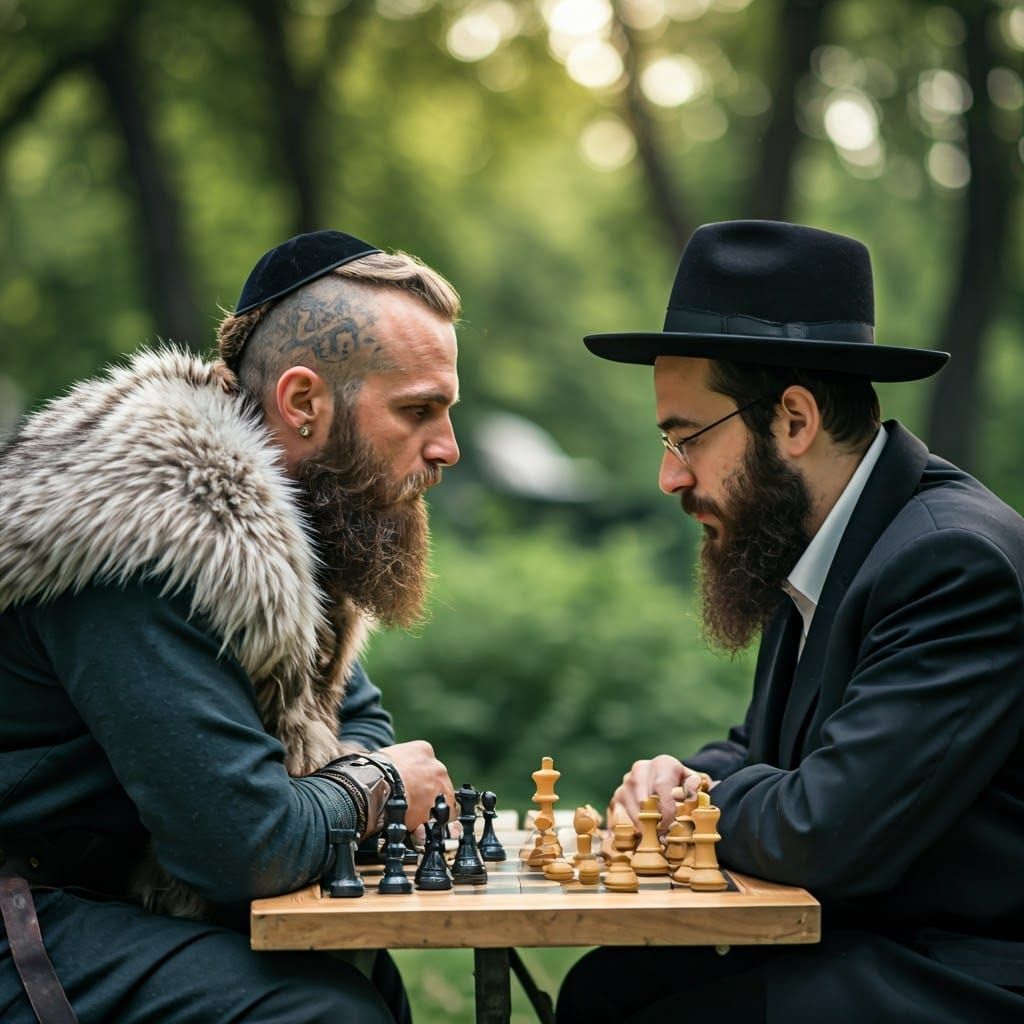 Viking and Rabbi Play Chess in Central Park