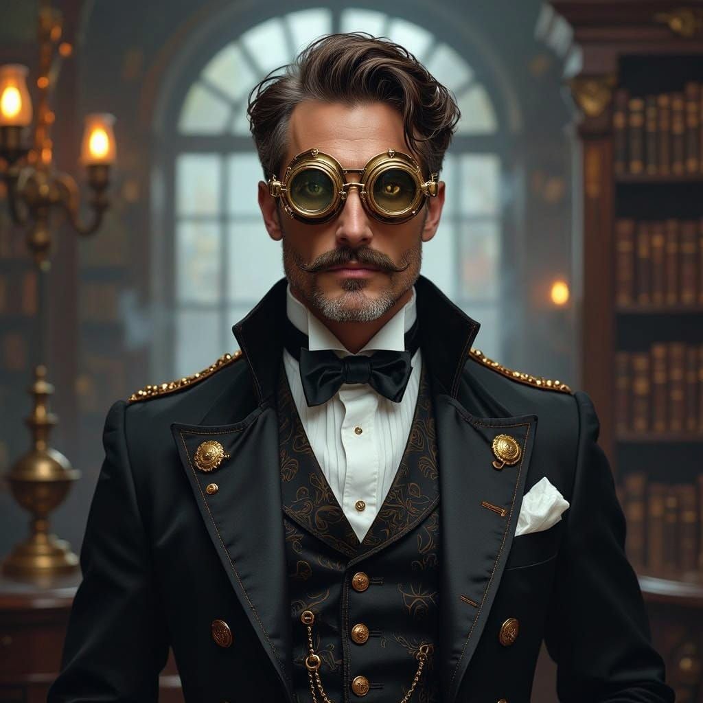 Regal Steampunk Gentleman in Industrial Futurist Attire