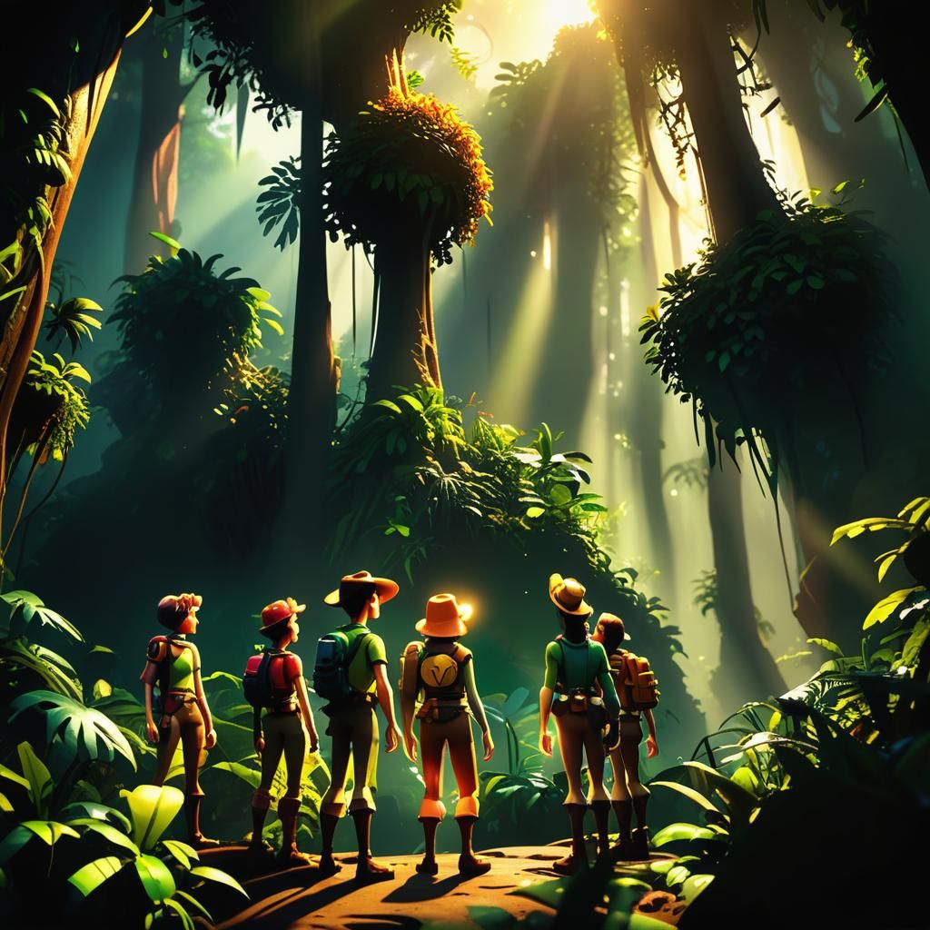 Adventurers in Jungle, Pixar-Style 3D Digital Art