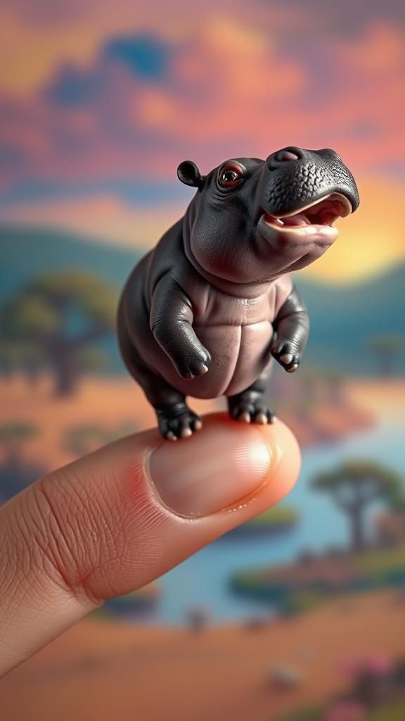 Mini Hippo on a Finger, Hyperrealistic Art