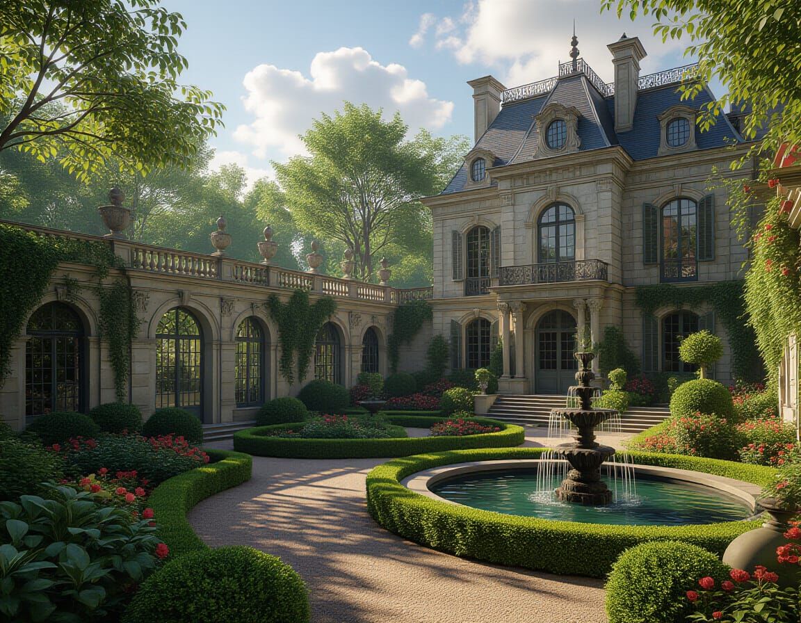 Eerie French Garden in Detailed Matte Painting Style