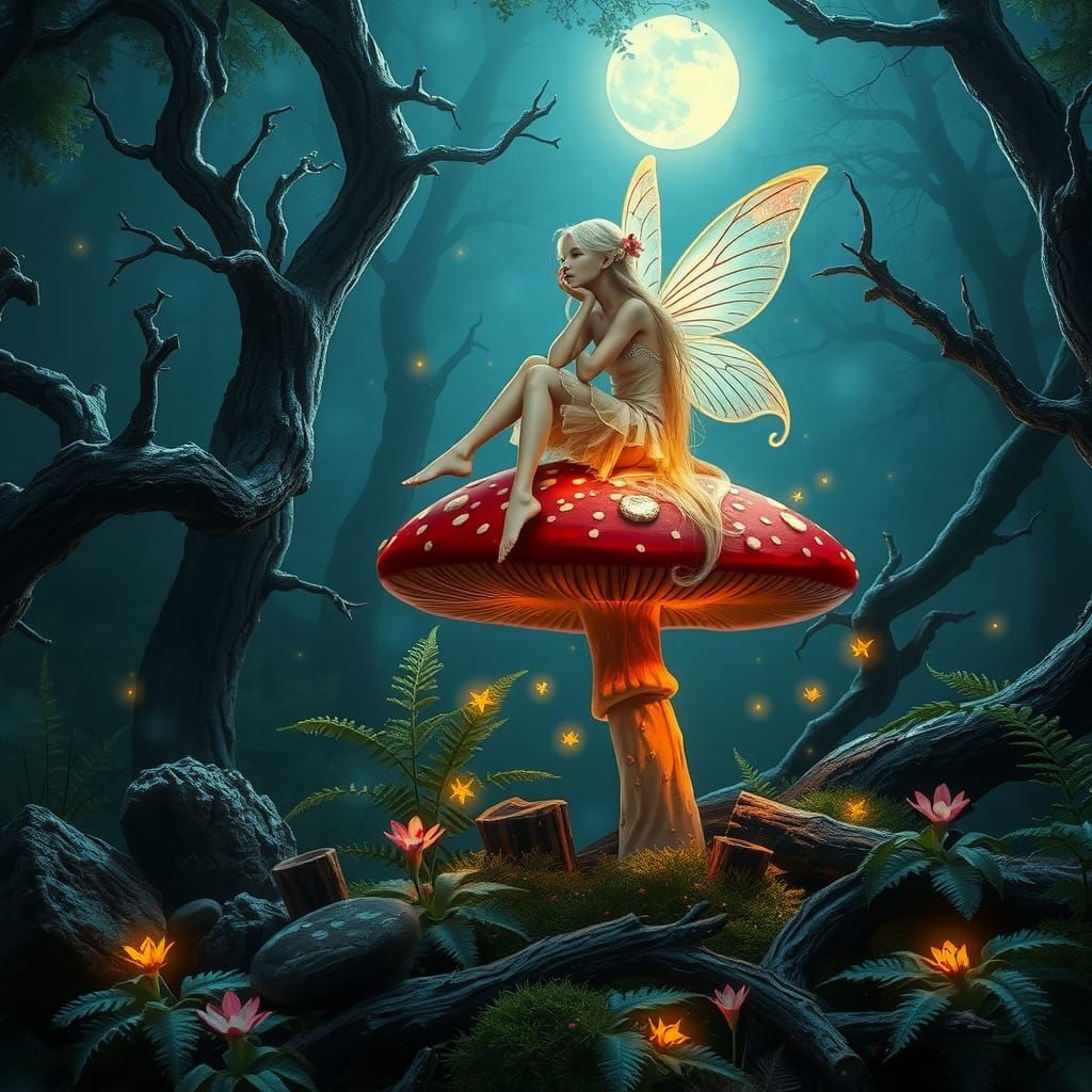 Enchanting Fairy on Bioluminescent Mushroom