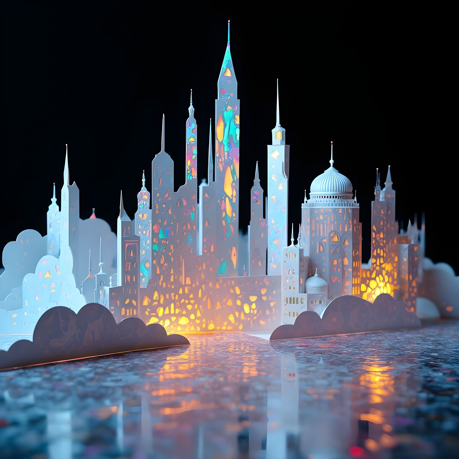 Ethereal Futuristic Cityscape in Kirigami Paper Cutting Styl...
