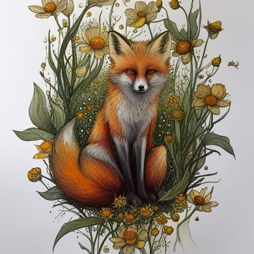 Fox in Wildflowers: Detailed Fantasy Illustration