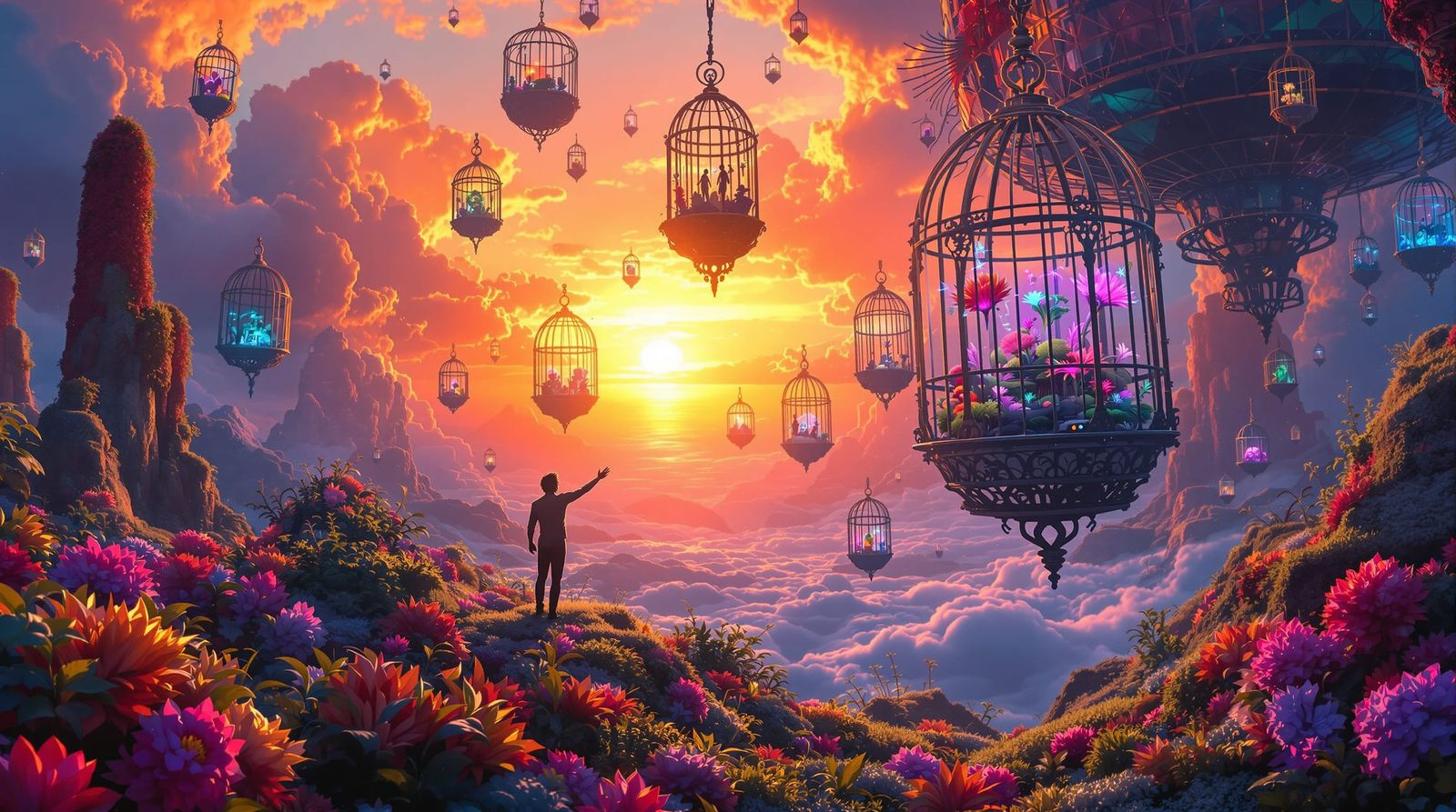 Surreal Floating Cages in Warped Landscape