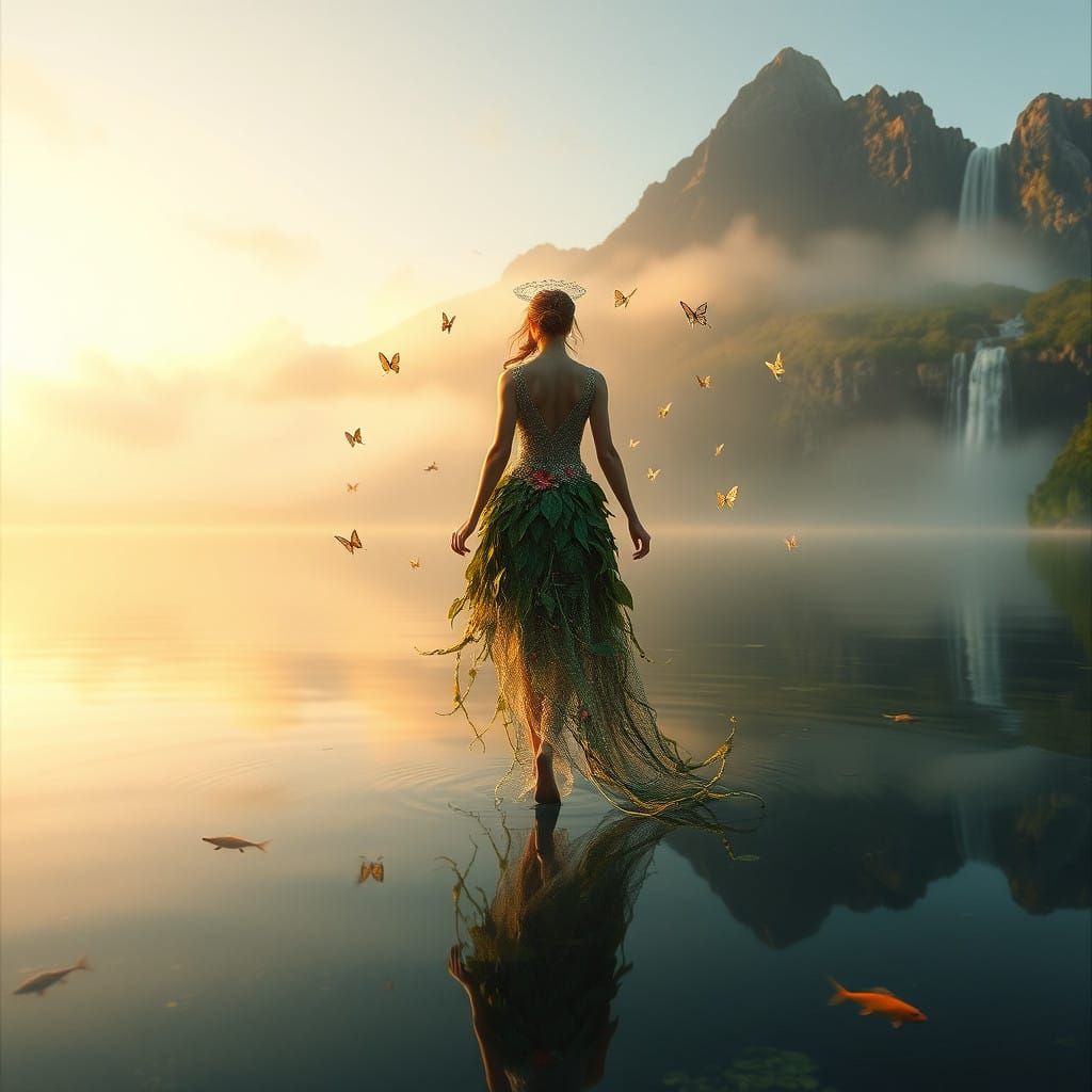 Ethereal Goddess Embarks on a Serene Lake Walk
