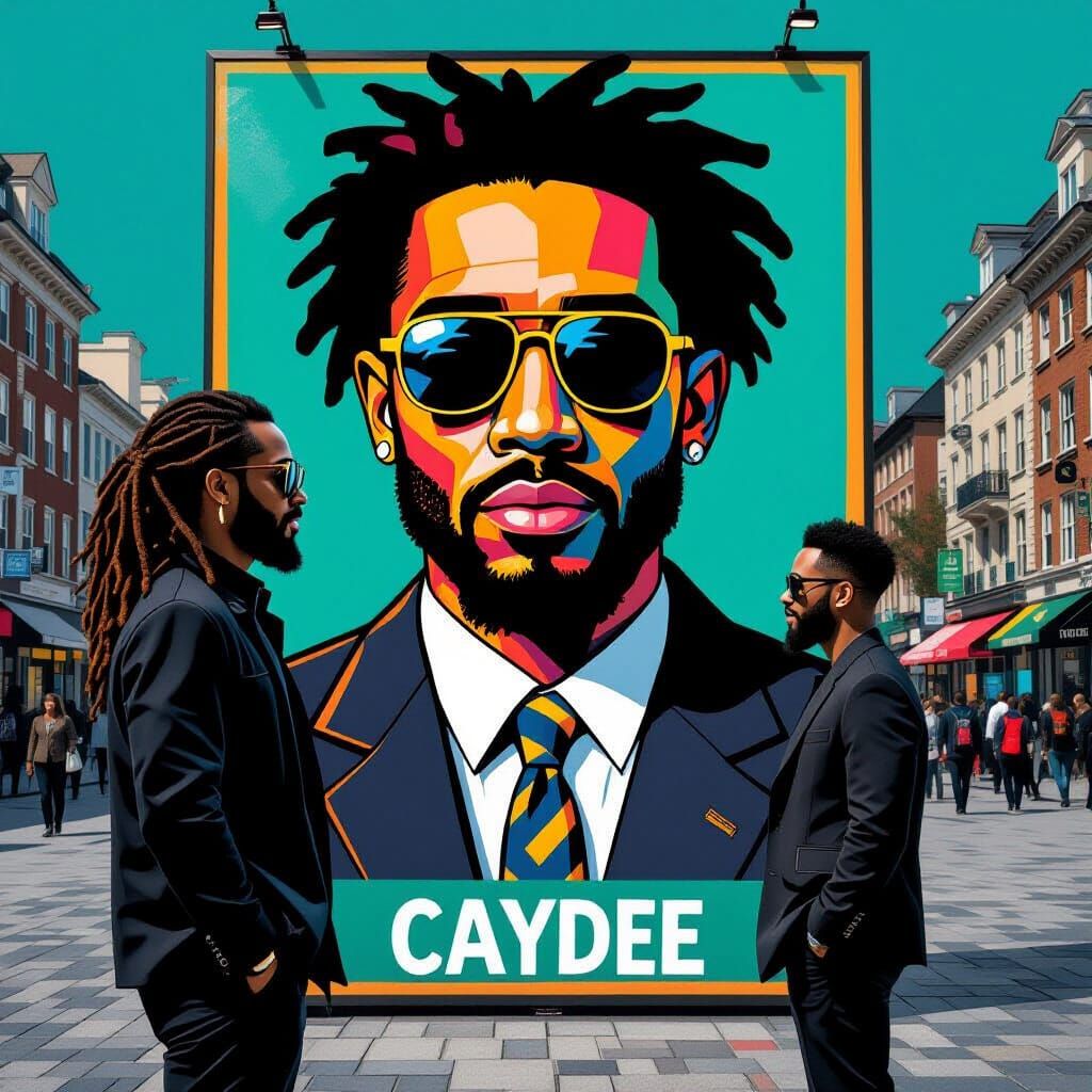 City Square Poster with Two Men, Teal Background