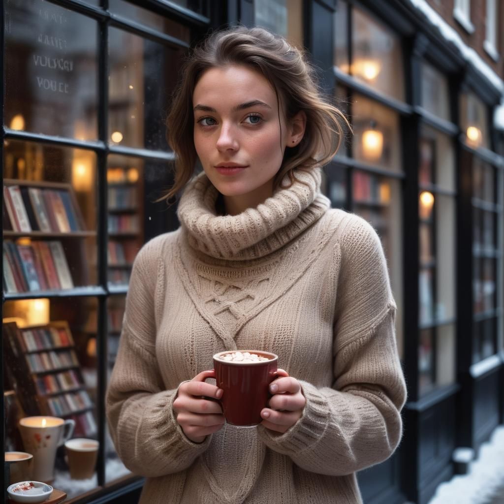Chic Woman on Snowy English Street