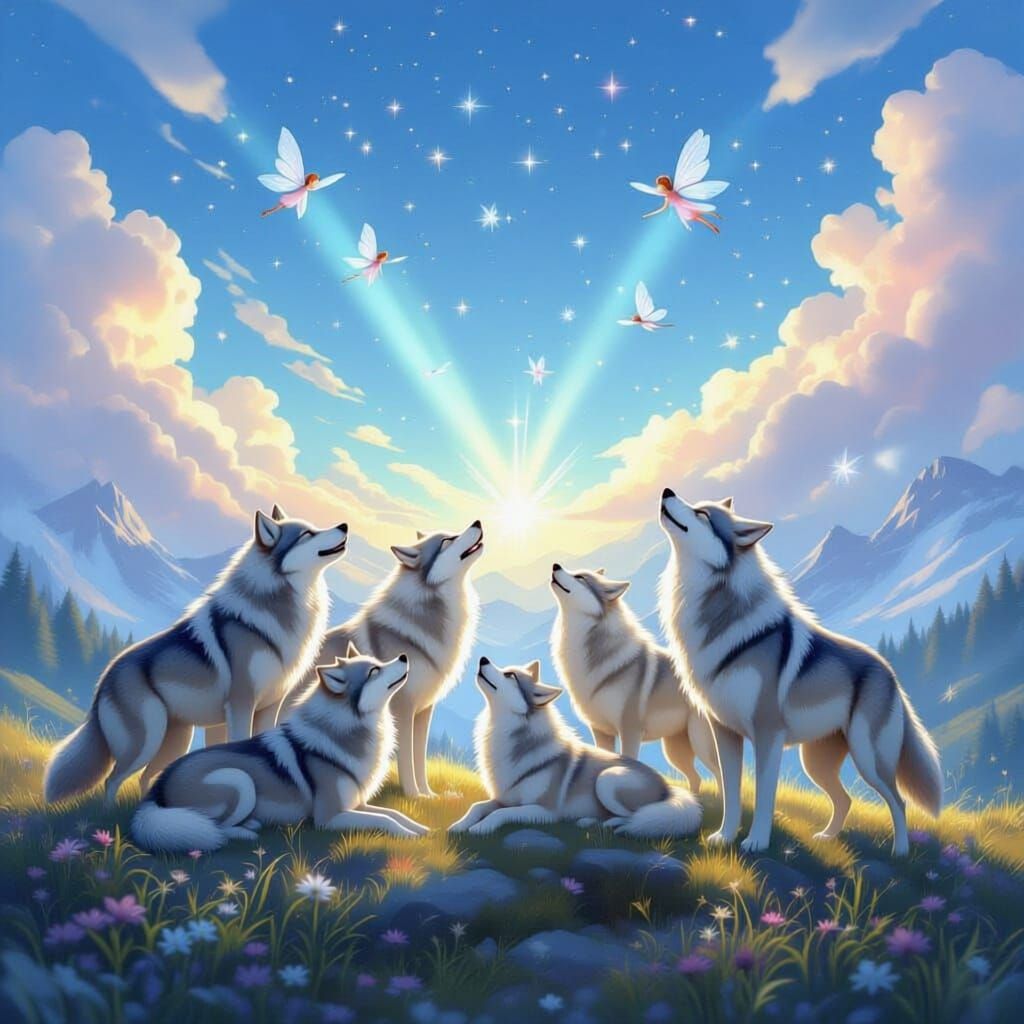 Magical Wolf Pack Under Crystal Sky with Fairies