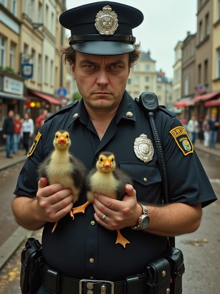 Cinematic Police Officer with Ducklings and Pigs