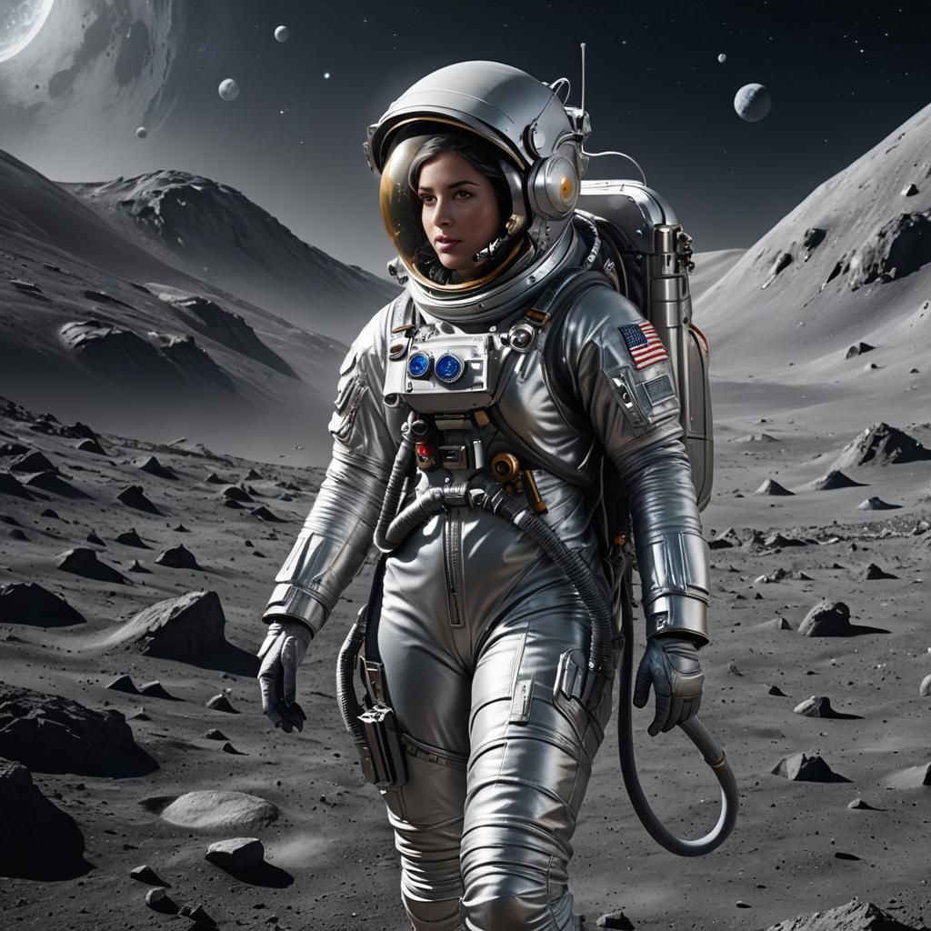 002 A beautiful female astronaut wearing a silver spacesuit on the moon.