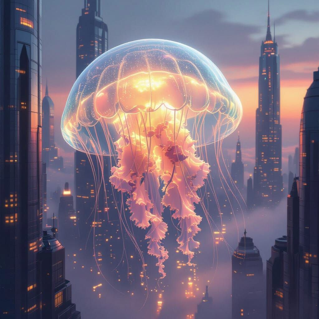 Bioluminescent Jellyfish Floats Through Future City