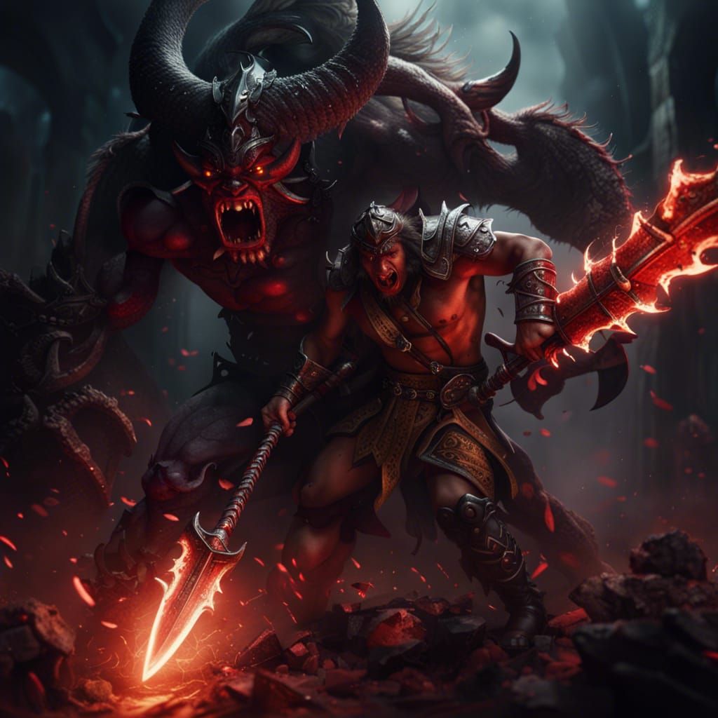 Barbarian and Demon Battle: Digital Matte Painting