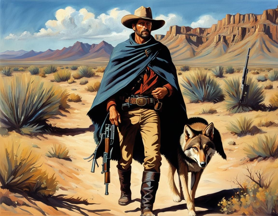 Wild West Bandit with Coyote in New Mexico Desert