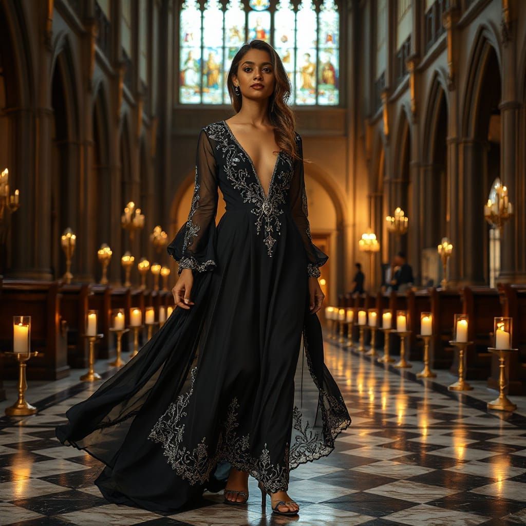 Gothic Cathedral Portrait of Woman in Ornate Gown