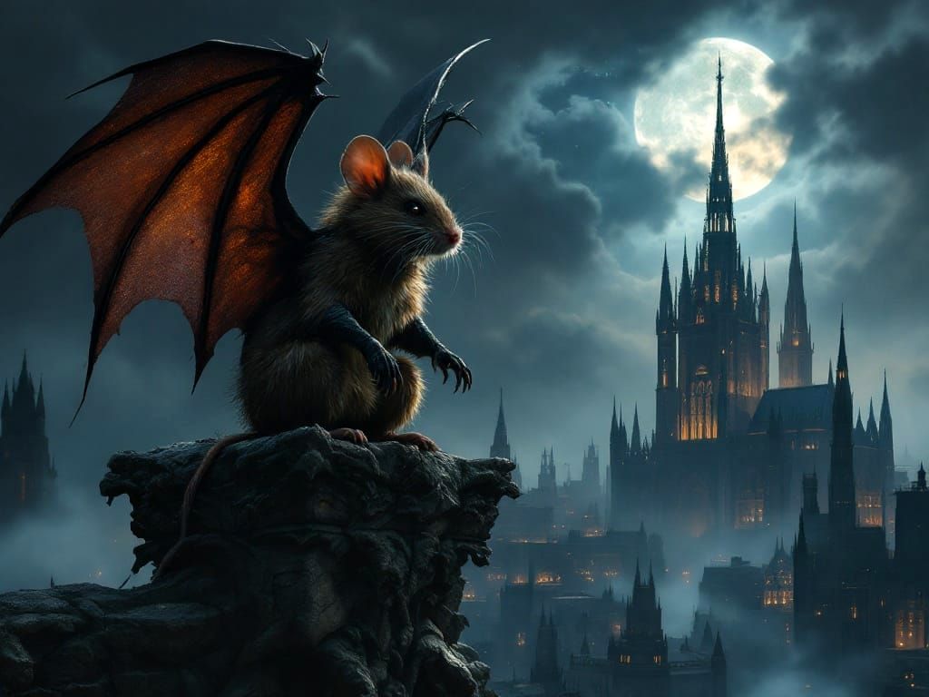 Gothic Mouse Unfurls Wings Over Dark Cityscape