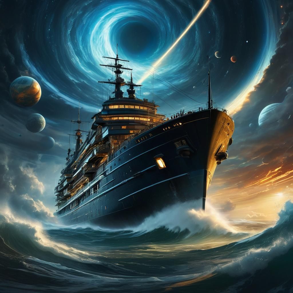 Ship Sails Through Tornado in Colorful Universe