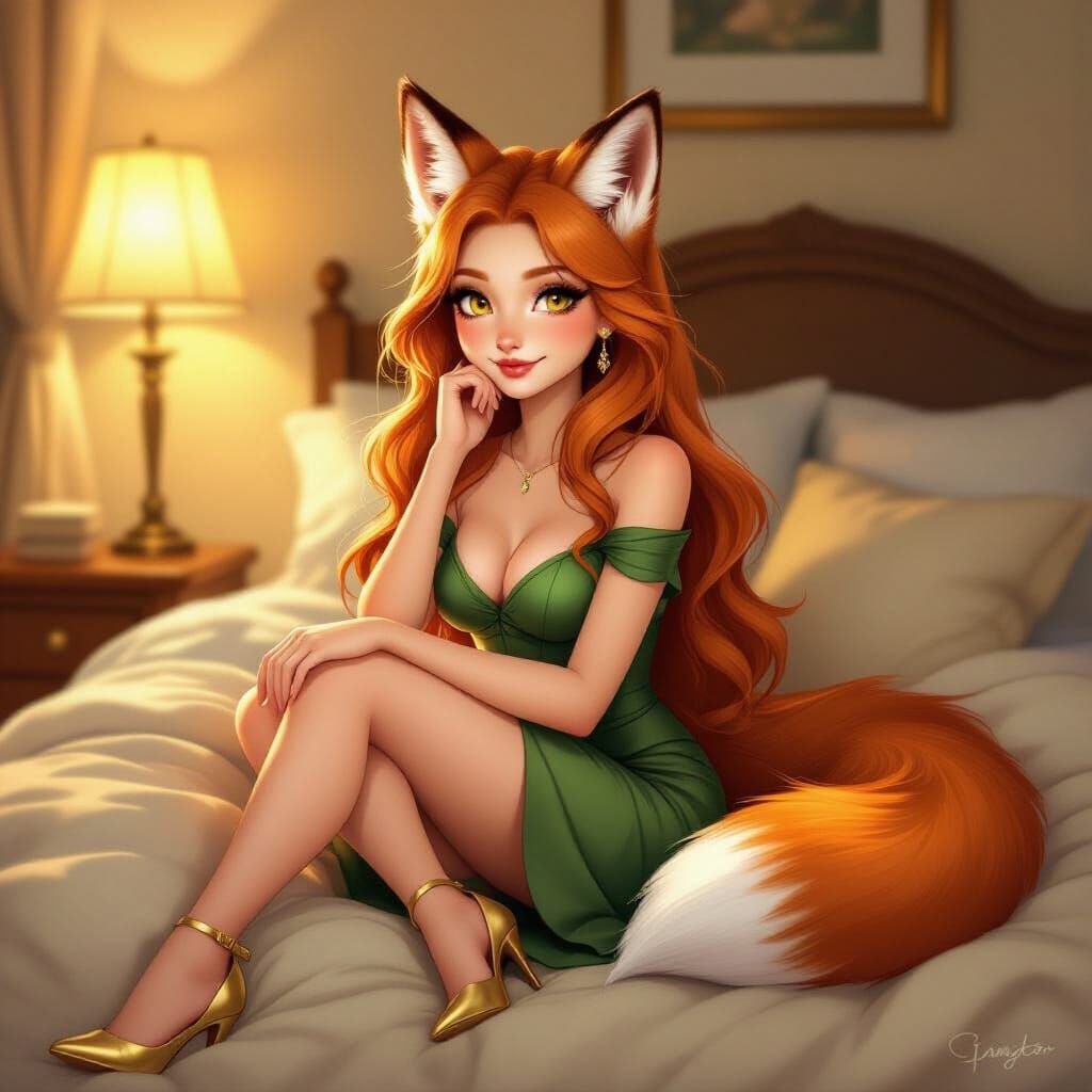 Fox Girl Maida in Elegant Green Dress on Cozy Bed