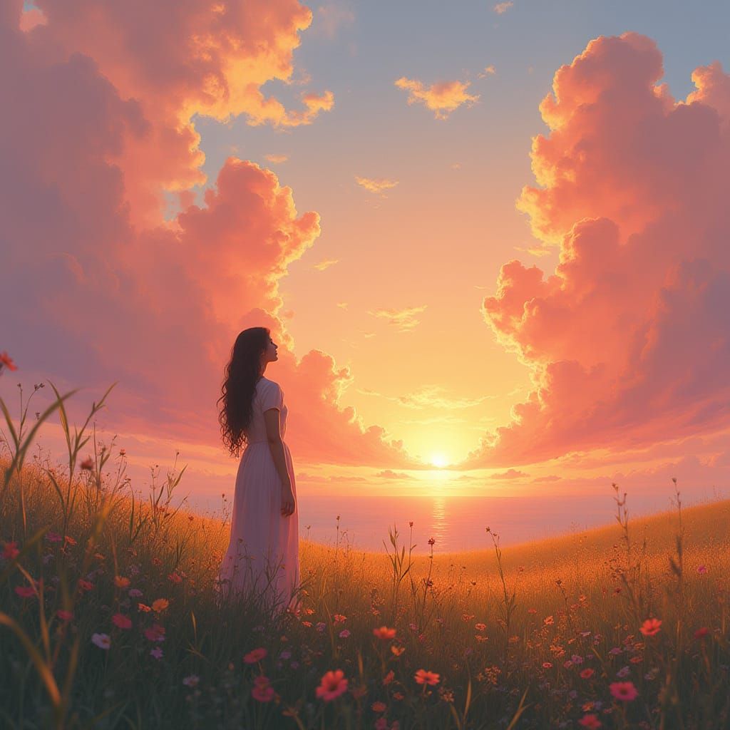 Woman Gazing at Sunrise in Impressionistic Style