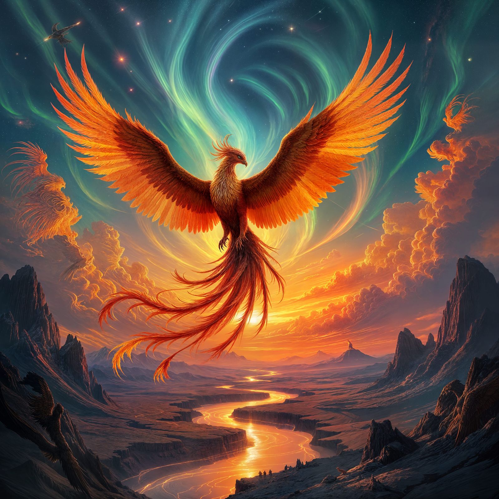 Majestic Phoenix Amidst Aurora Sky and Golden Rivers