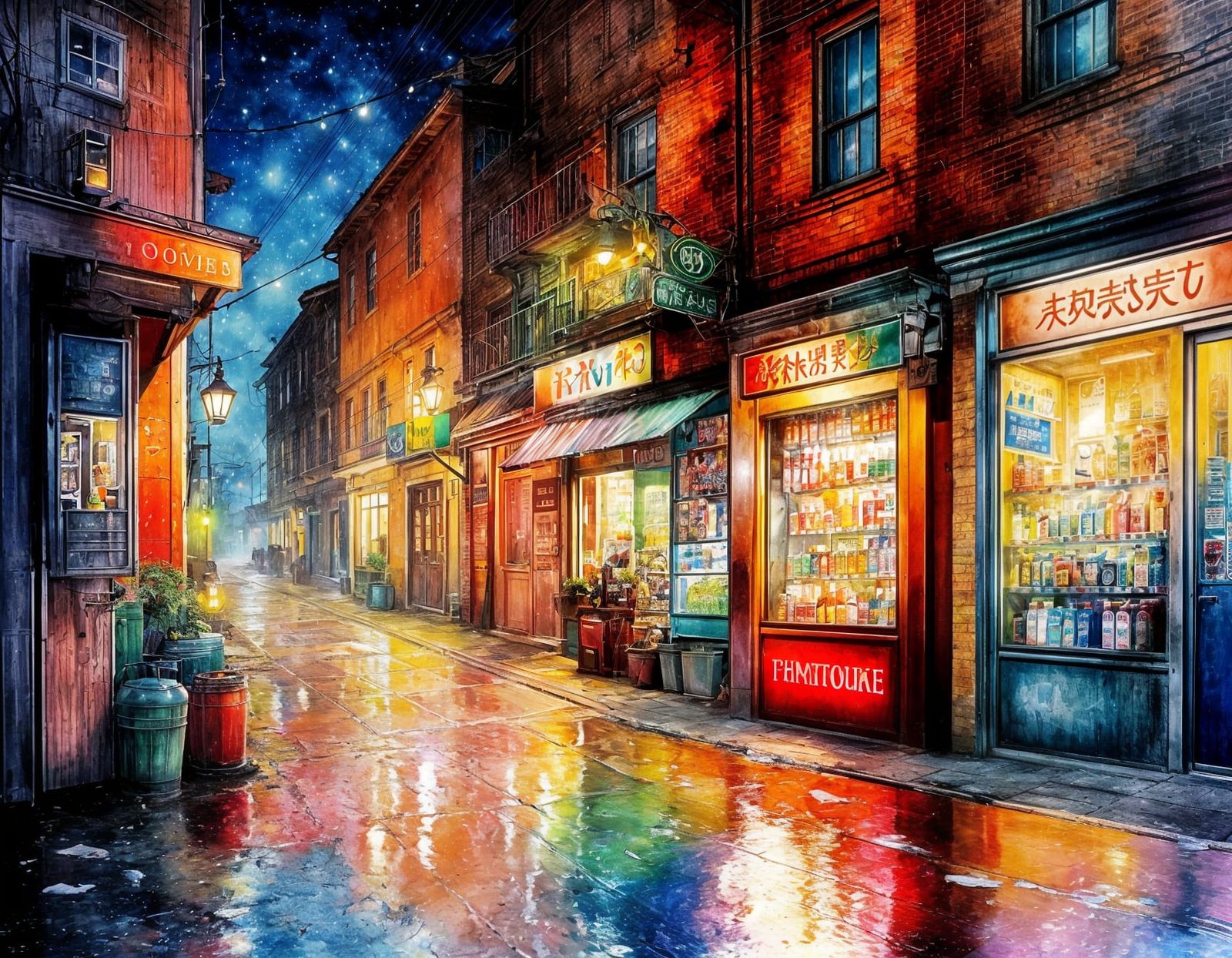 Anime Watercolor Alley at Night After Rain