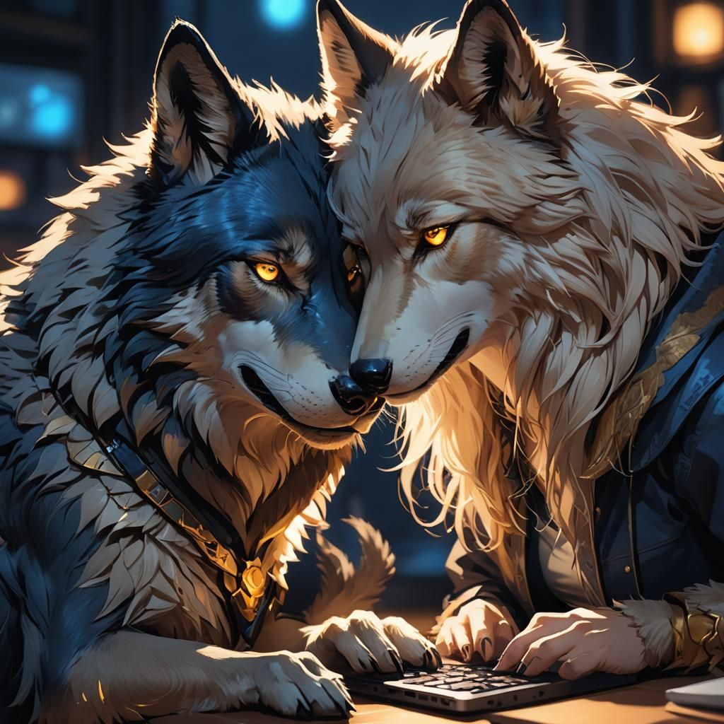 Split Screen Portrait: Woman and Wolf in Anime Style