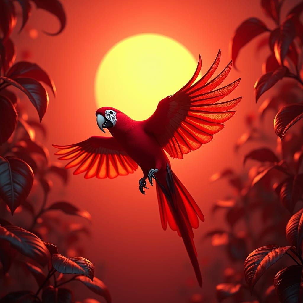 Red Parrot in Flight Amid Crimson Sunset