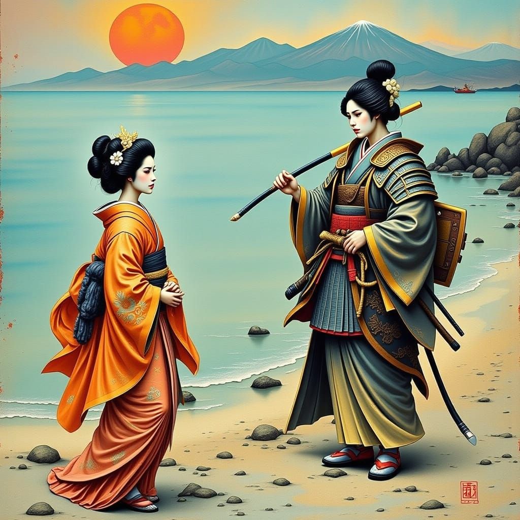 Samurai and Geisha in a Dynamic Coastal Scene