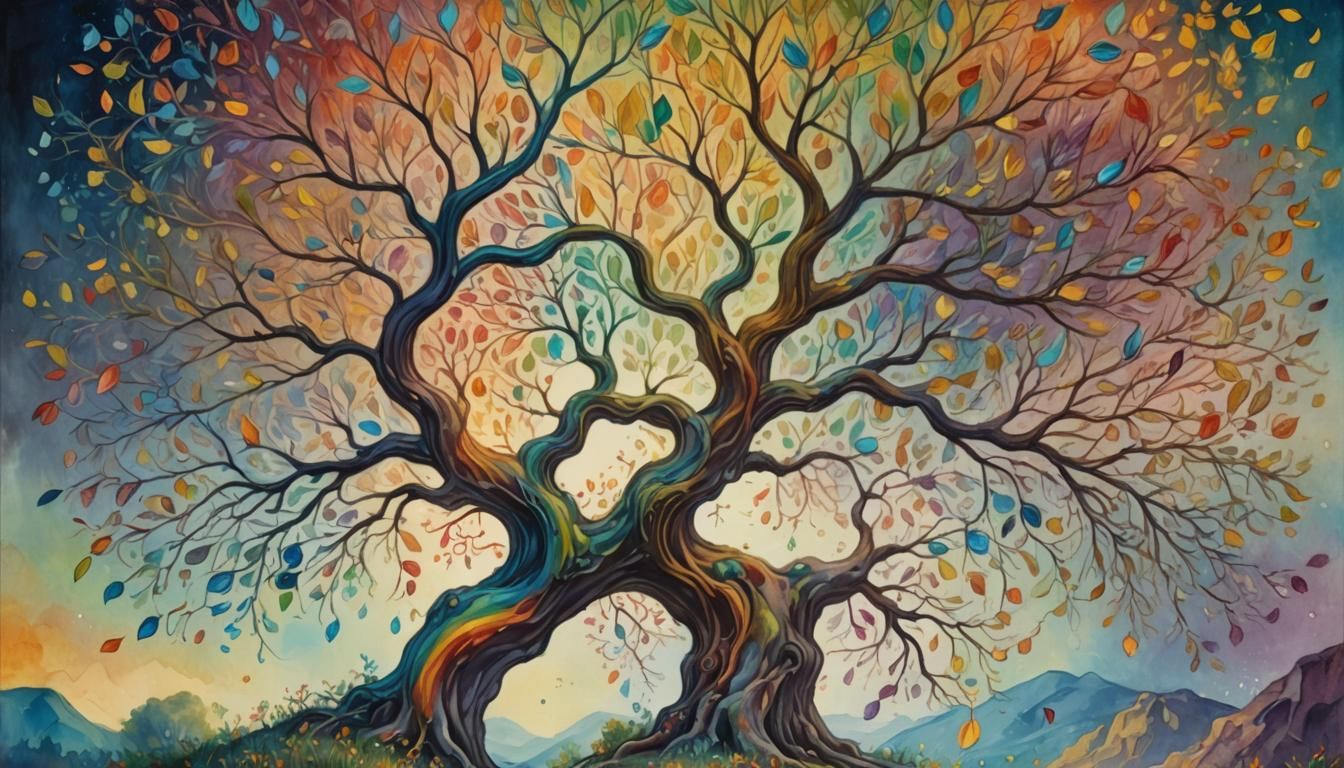 Majestic Rainbow Tree in Art Nouveau Style