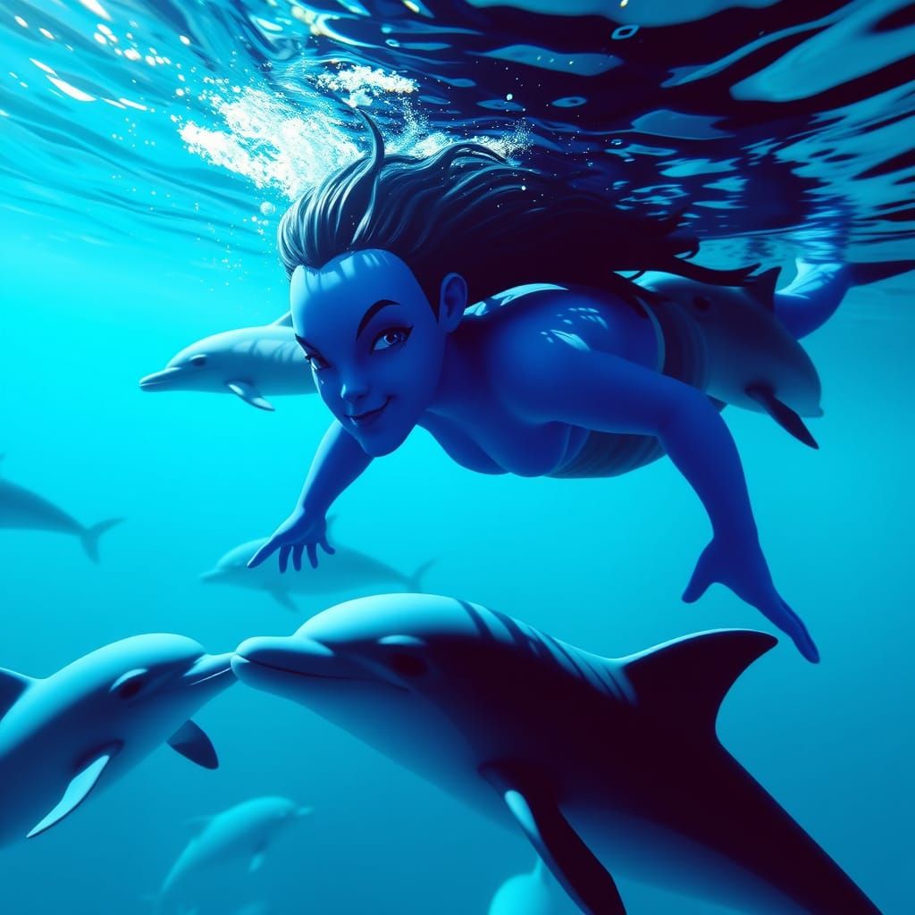 Blue Avatar Swims with Dolphins in Ocean
