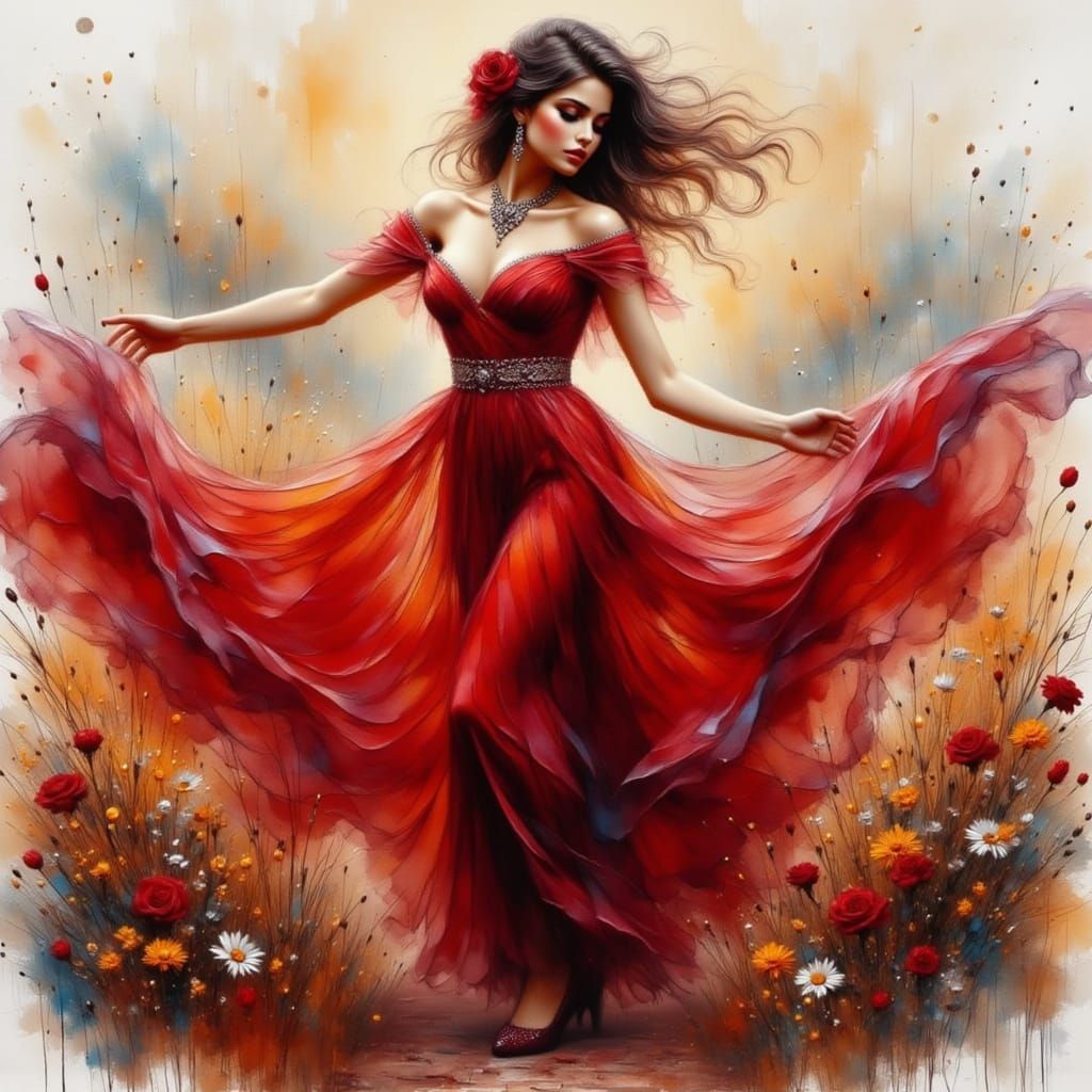 Elegant Woman in Red Gypsy Dress