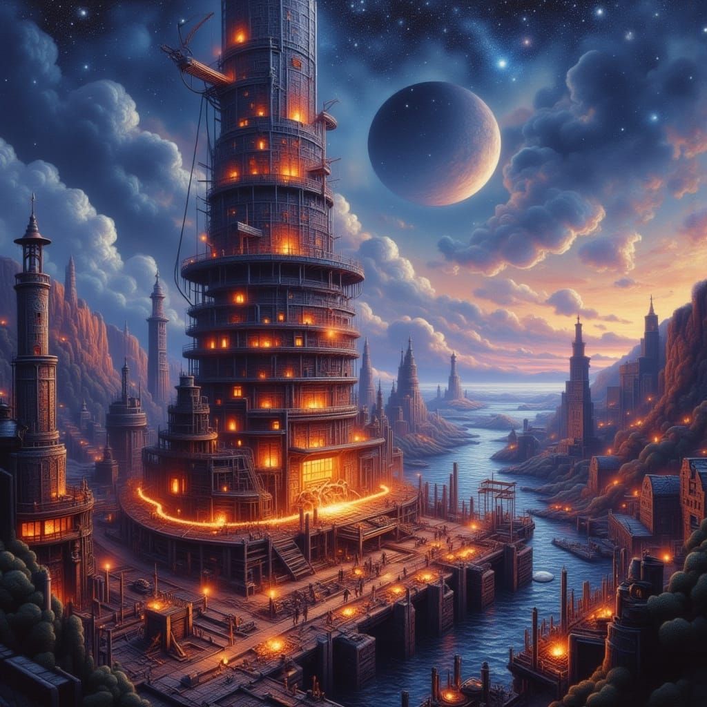 Mythical Harbor at Twilight with Celestial Sea