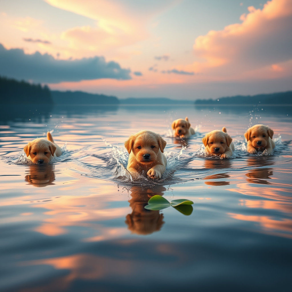 Golden Doodle Puppies Play at Dawn: Fantasy Concept Art